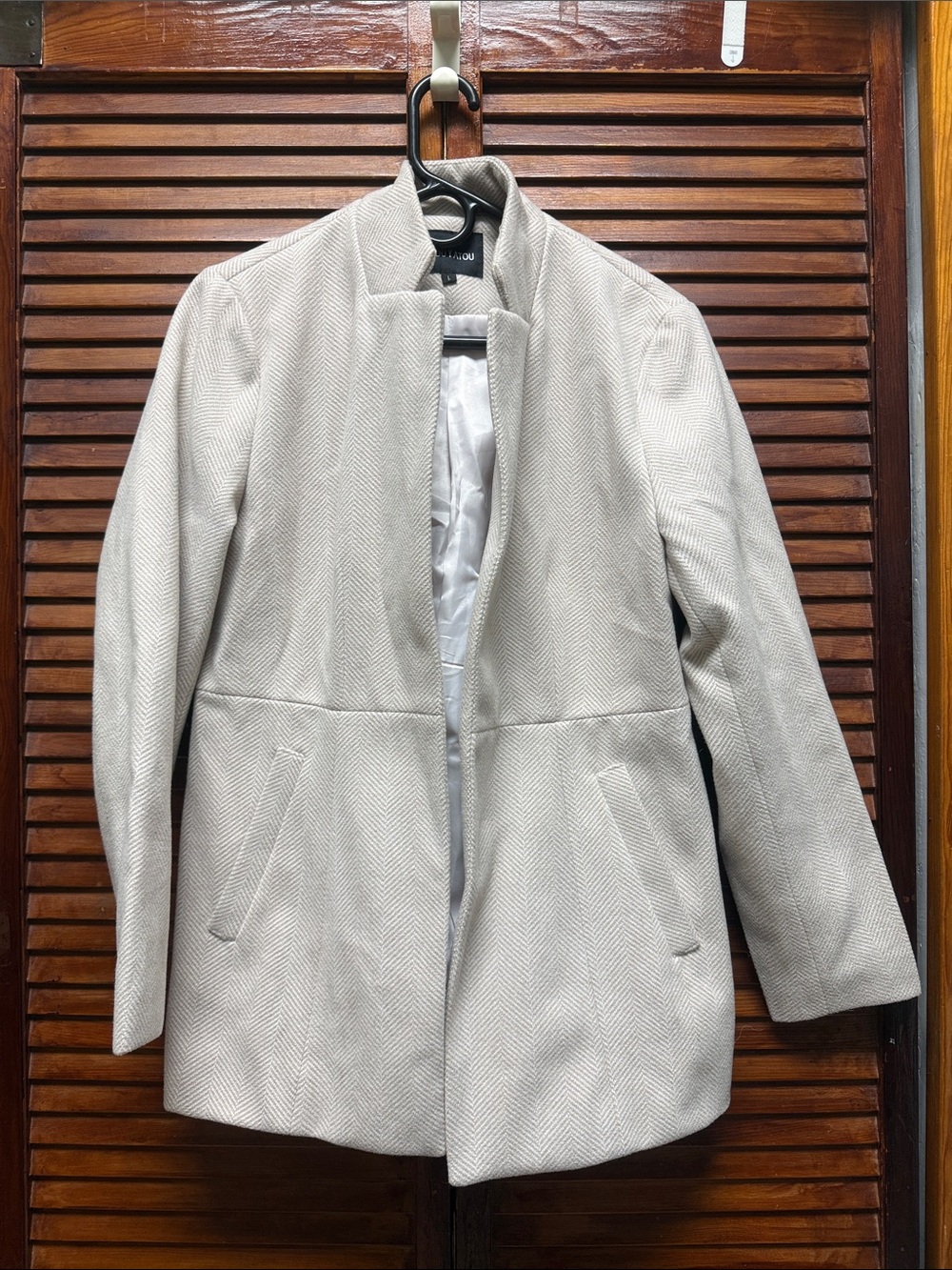 Light Gray Herringbone Collarless Wool-Blend Coat